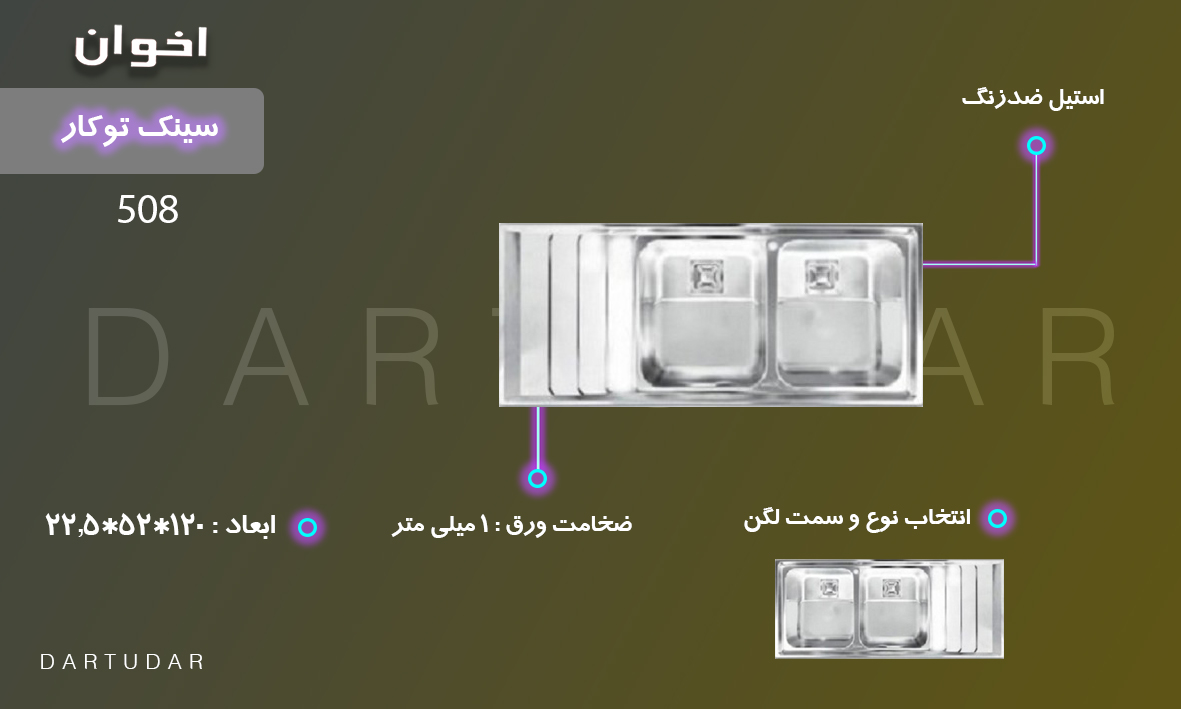 سینک توکار مدل 508 اخوان،مدل R60، با ضخامت یک میلی متری