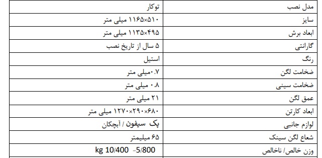 مشخصات سینک 8112 کن